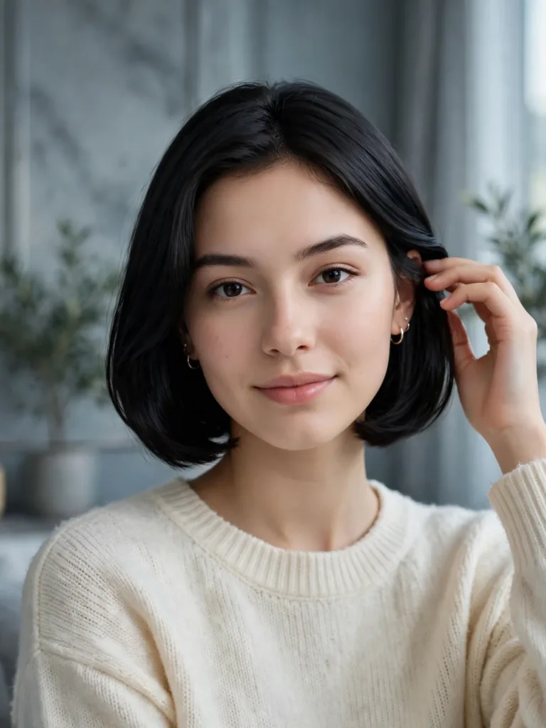 Woman with a finished sleek black bob showing luminous shine