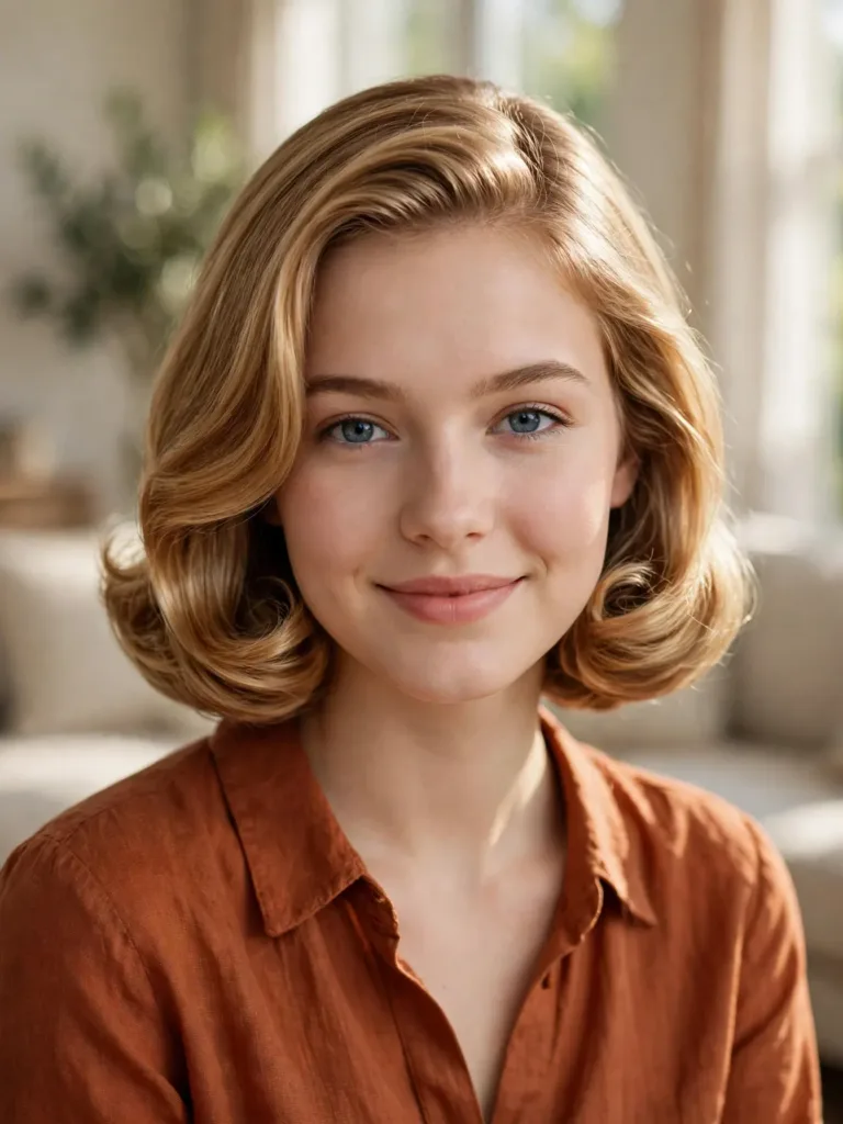 Front portrait of a polished honey-blonde bob with bouncy curved-under ends
