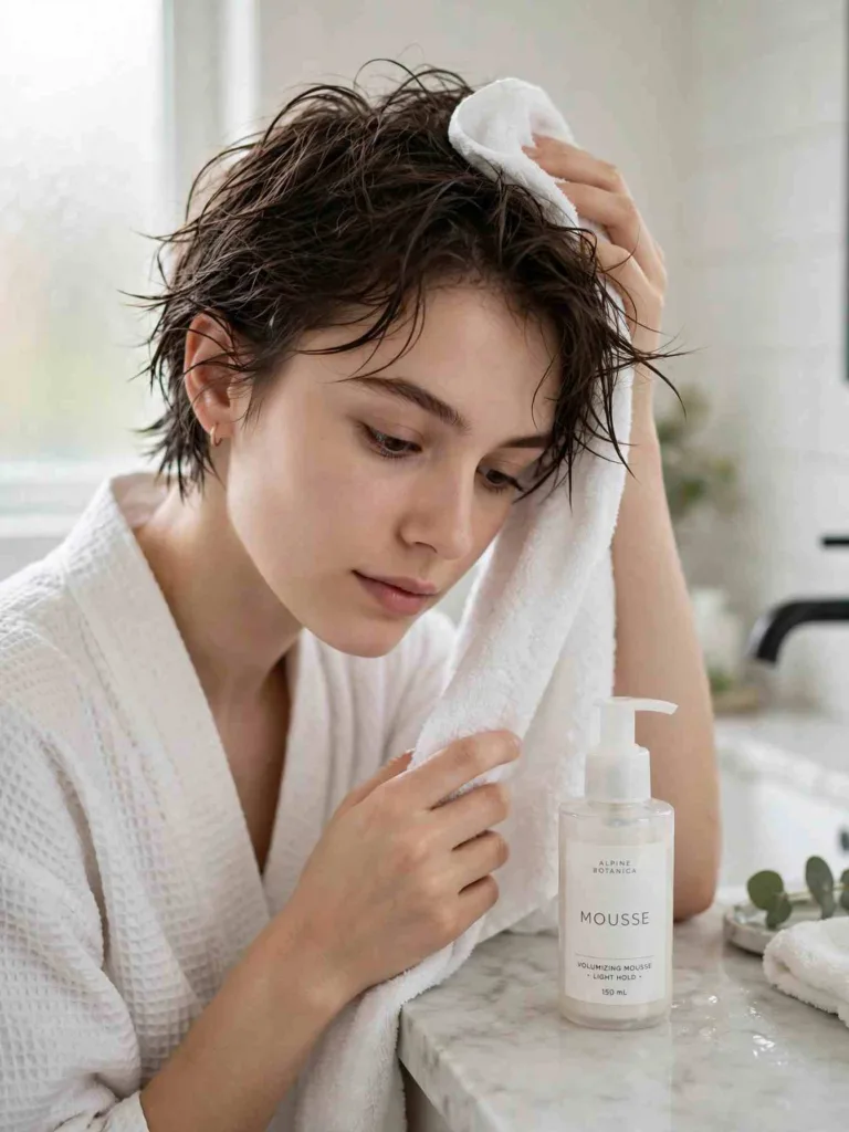 Towel-drying a wispy pixie cut with volumizing mousse nearby