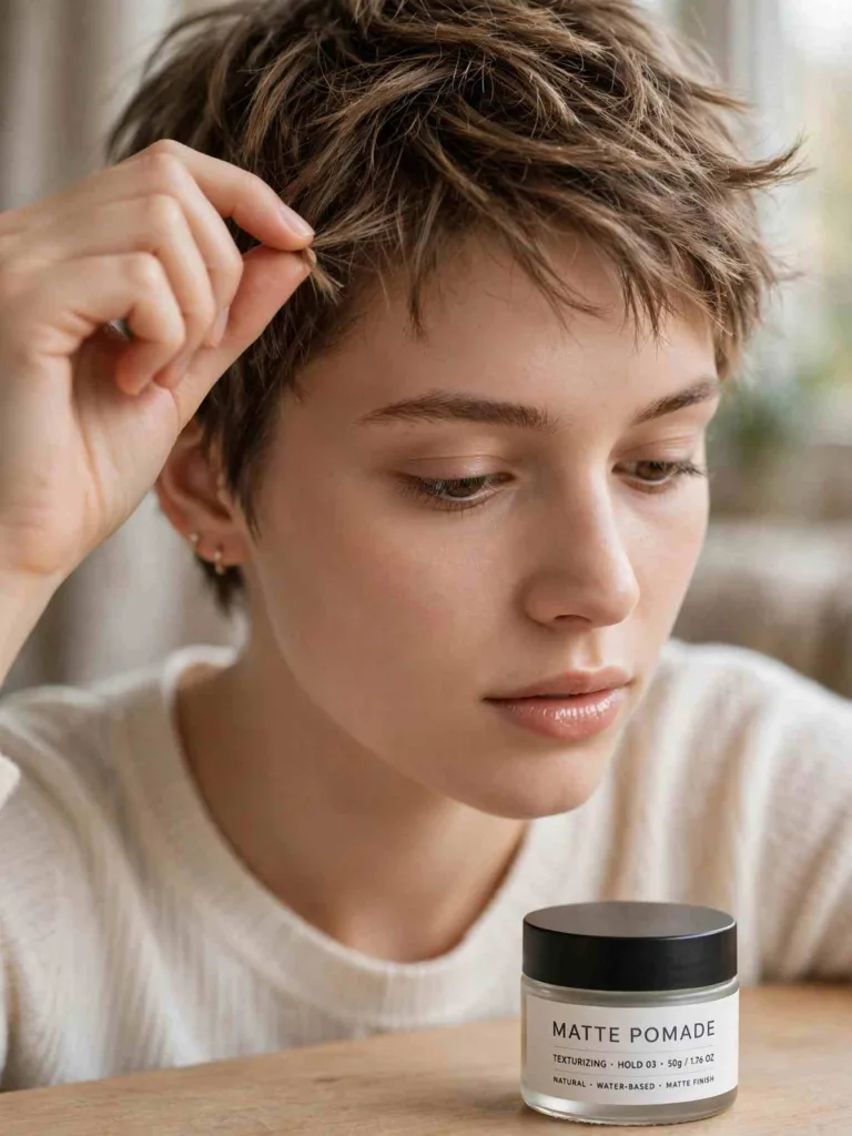 Pinching the ends of a wispy pixie cut with matte pomade