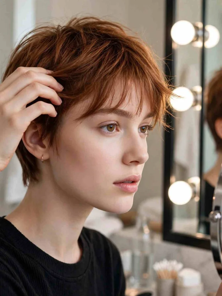 Sweeping the fringe of a wispy pixie cut to one side