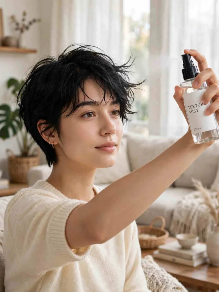 Misting a wispy pixie cut with texture spray to set the shape