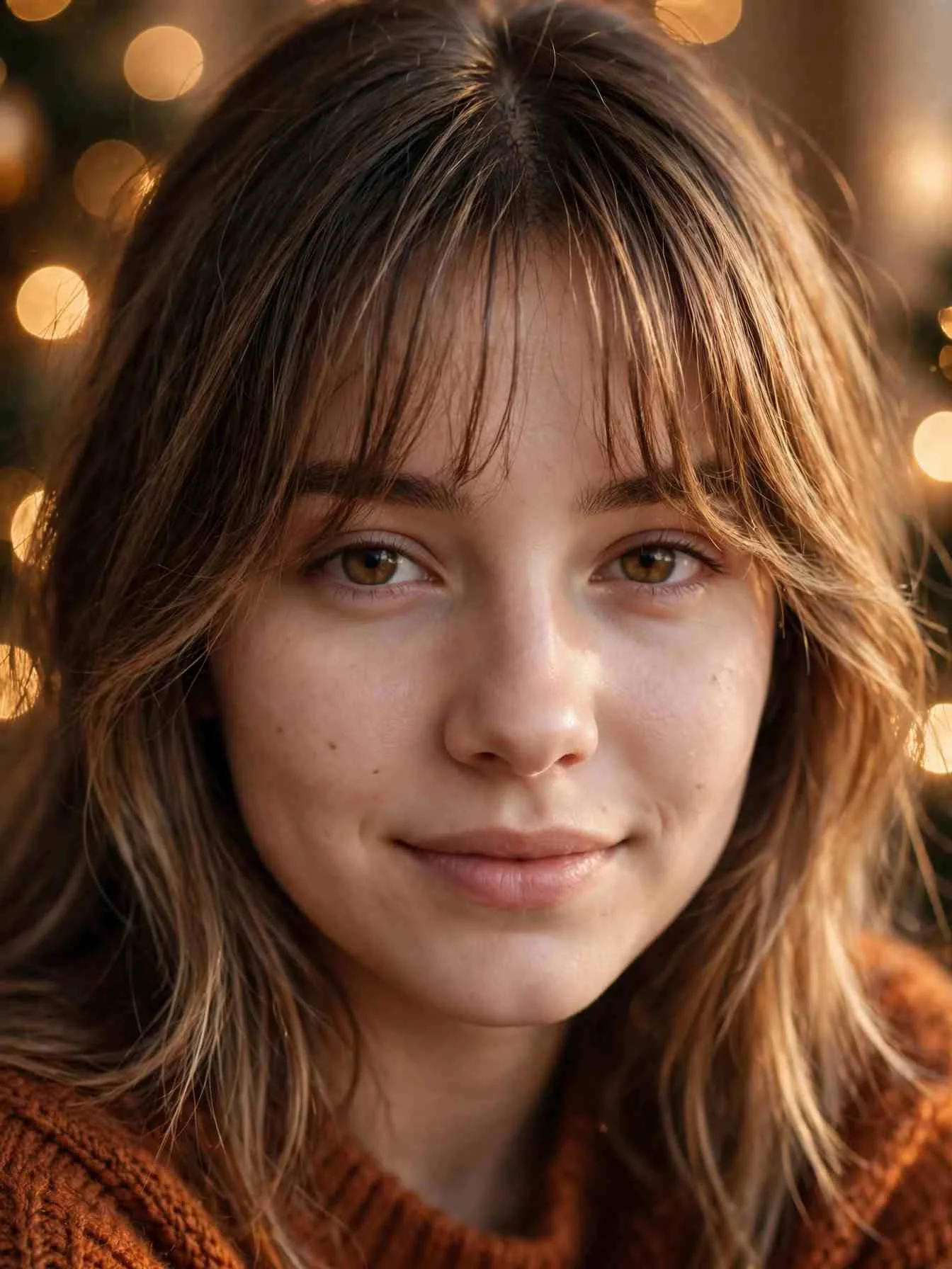 Close-up of soft curtain bangs with feathered texture and soft holiday waves