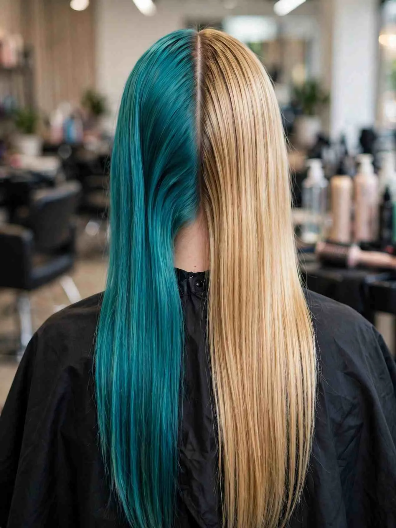 Back view showing crisp center part line of split dye