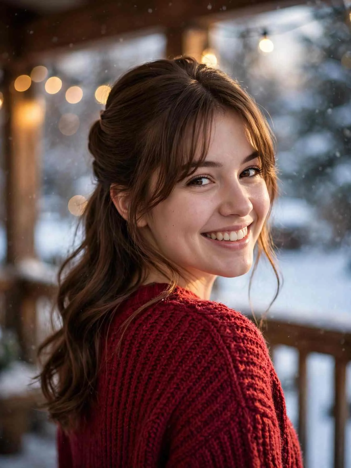 Woman with soft curtain bangs in a polished half-up holiday style