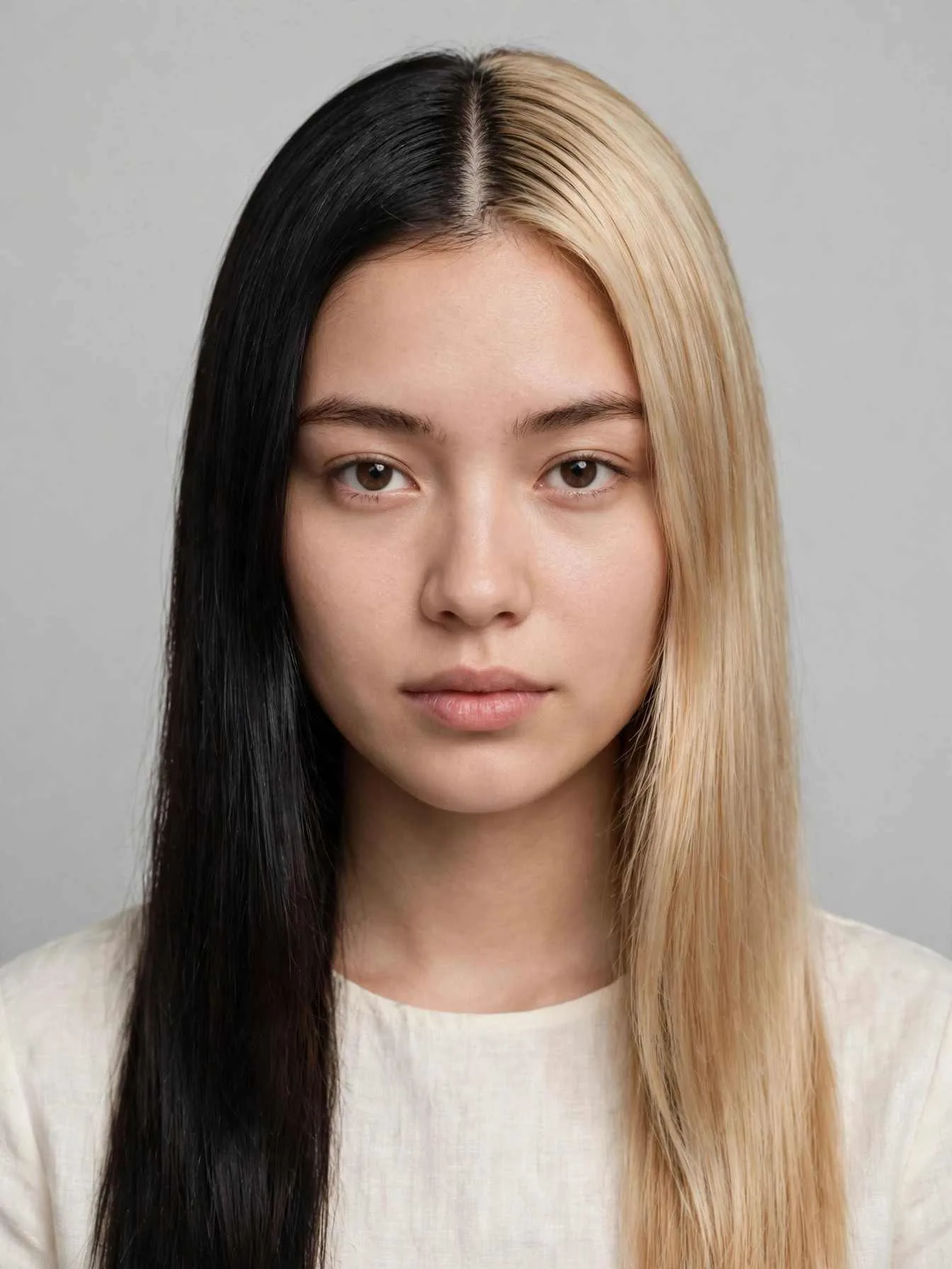Front view of black and blonde split dye hair color