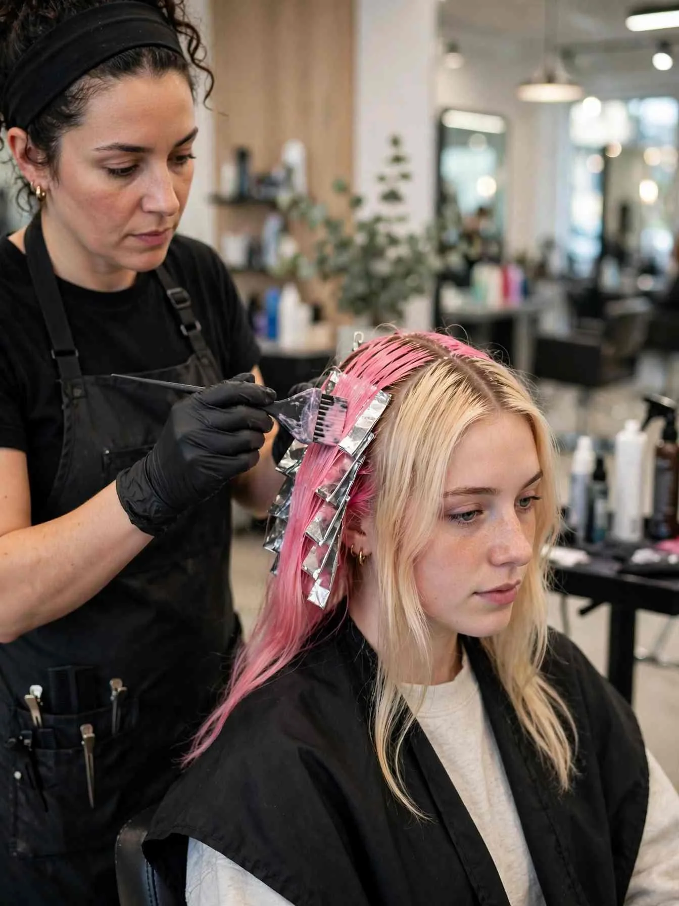 Stylist applying color during split dye upkeep appointment