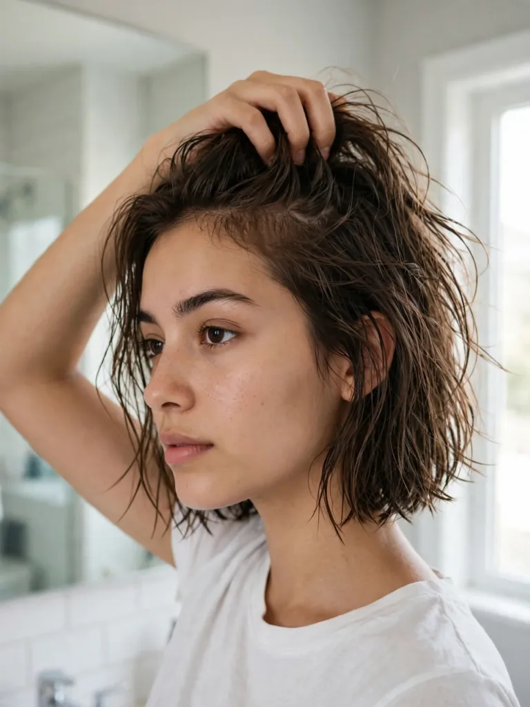 Woman air-drying her french bob haircut at home, fingers lifting the roots