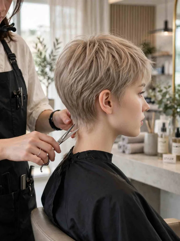Stylist trimming the nape of a wispy pixie cut in a salon
