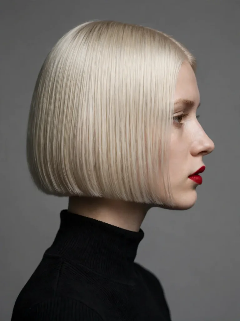 Profile view of a blunt chin-length french bob haircut with no bangs
