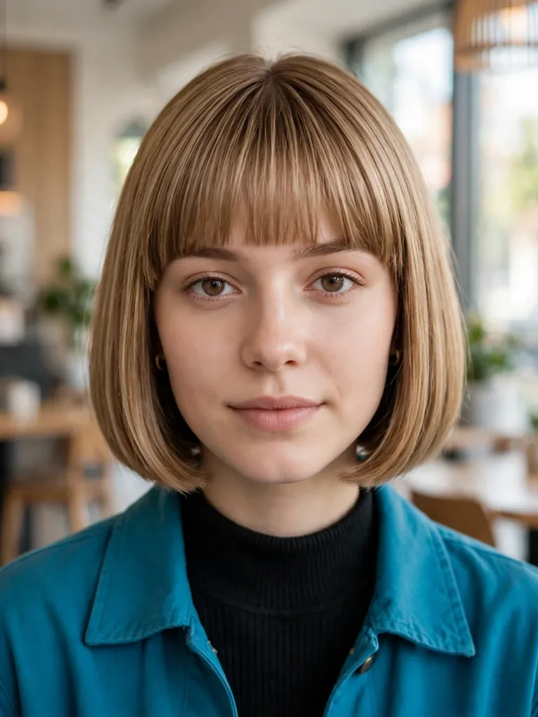 Front view of a classic chin-length french bob haircut with full brow-skimming bangs
