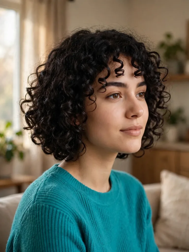 Woman with a curly french bob haircut, springy jaw-length curls