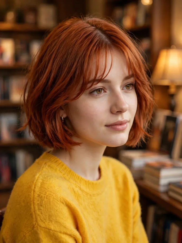French bob haircut with a wispy curtain fringe parted in the center