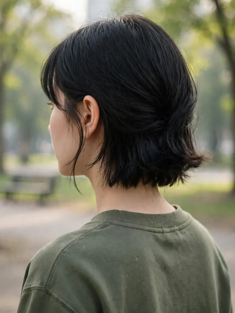 Back view of a grown-out french bob haircut at neck length with soft ends
