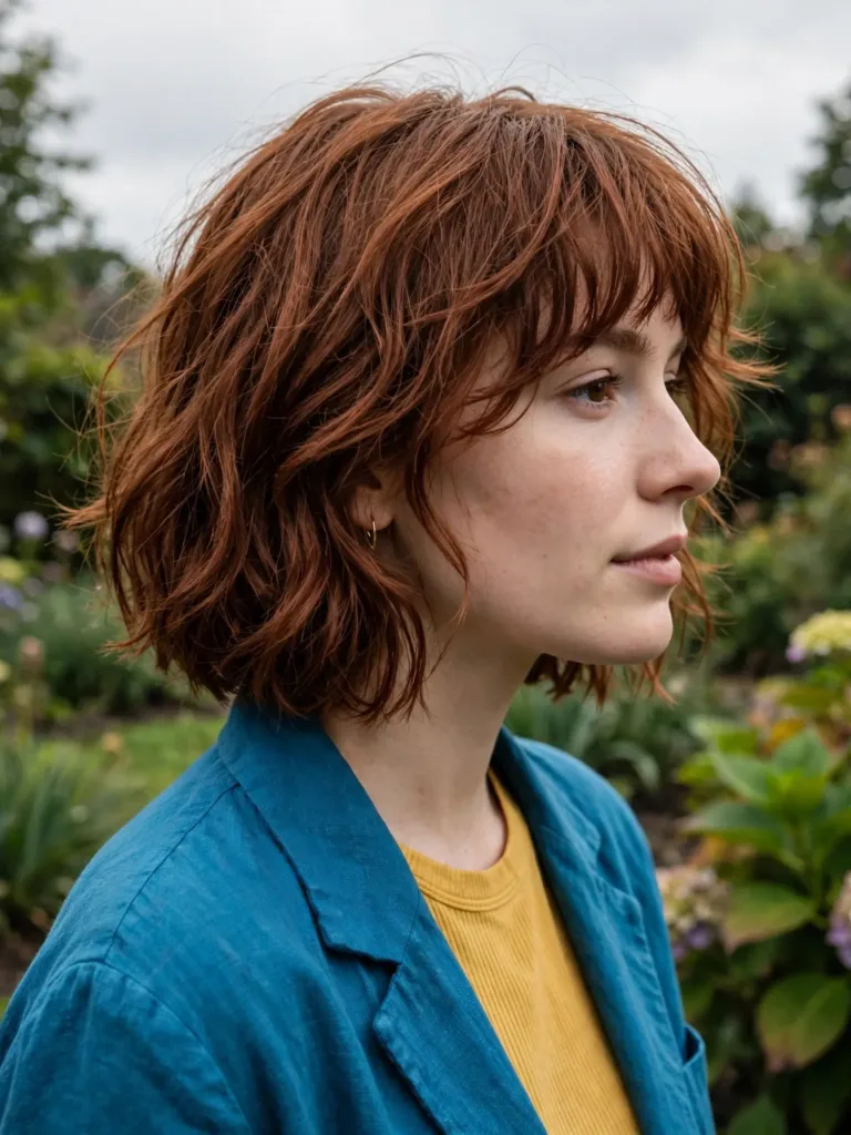 Side view of a textured wavy french bob haircut with piecey ends