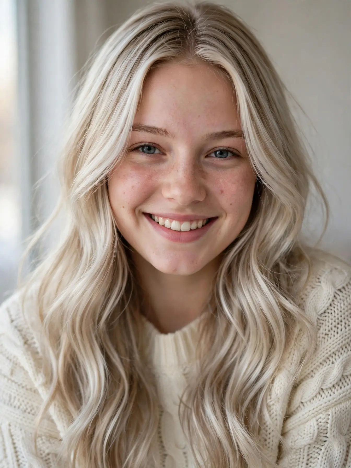 Woman showing winter blonde hair color inspiration with cool icy tones