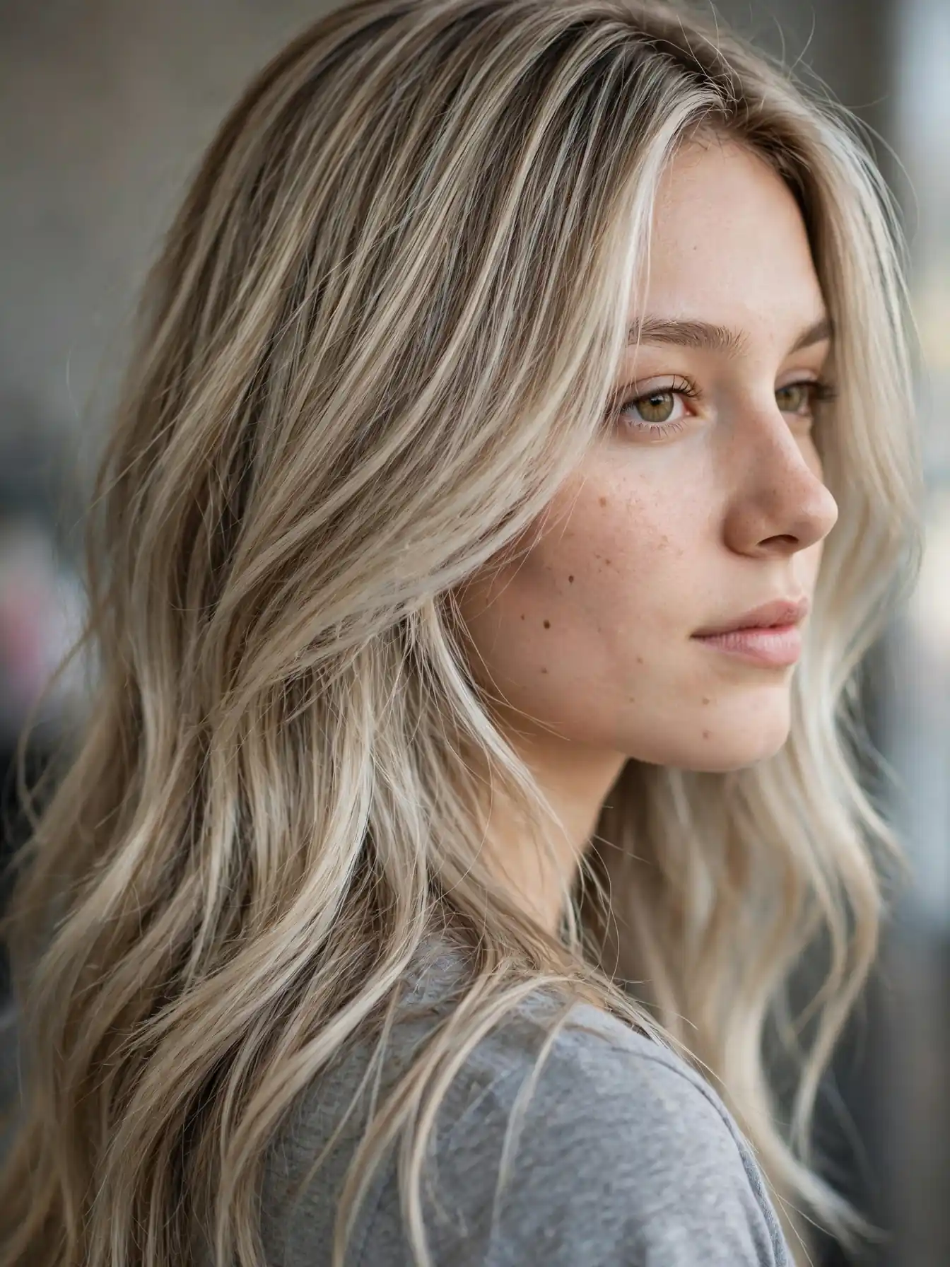 Close view of cool blonde tones in winter blonde hair