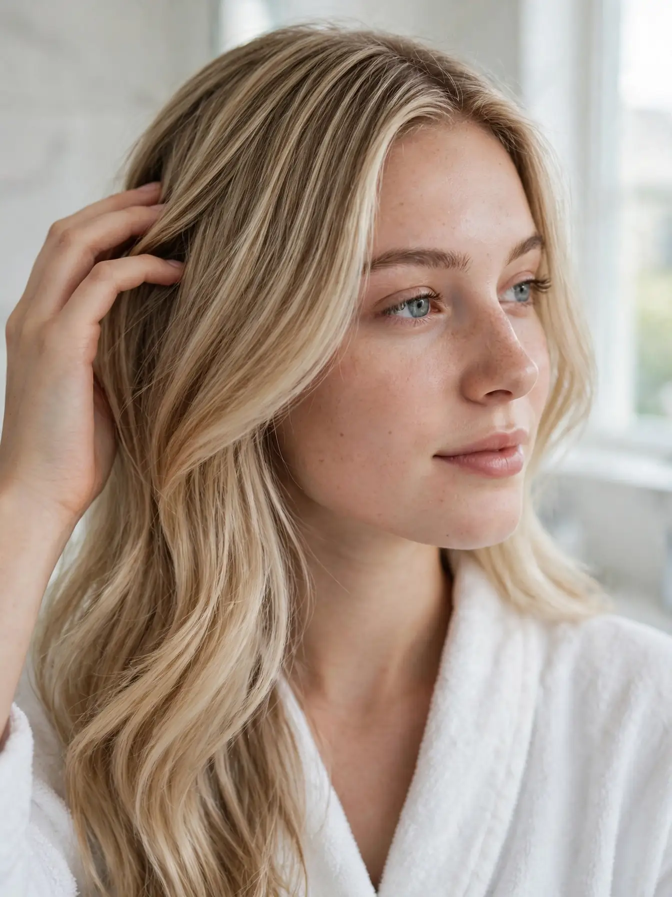 Healthy shiny winter blonde hair in soft light