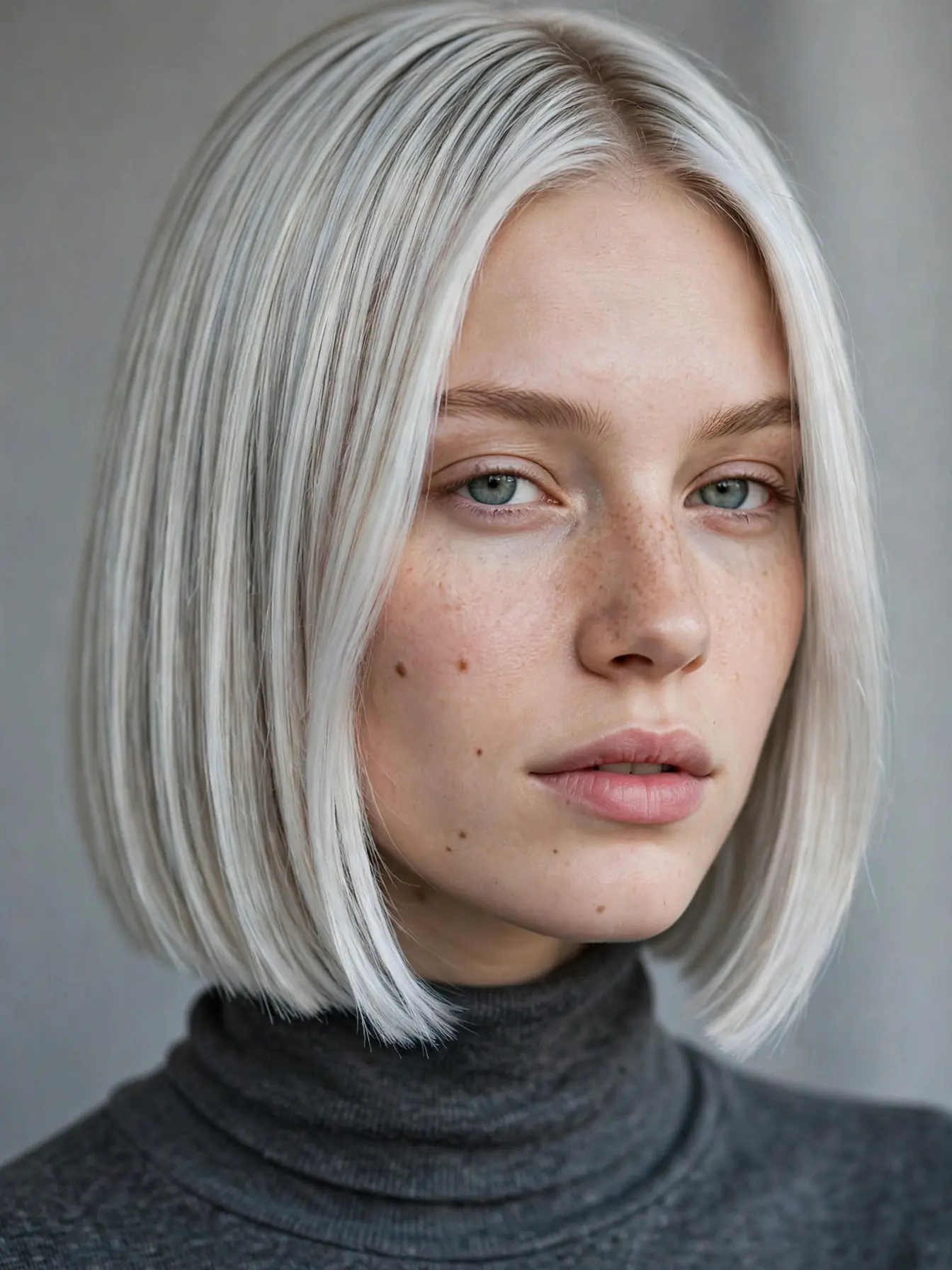 Icy platinum blonde bob on a woman, near-white with silver tone on a woman