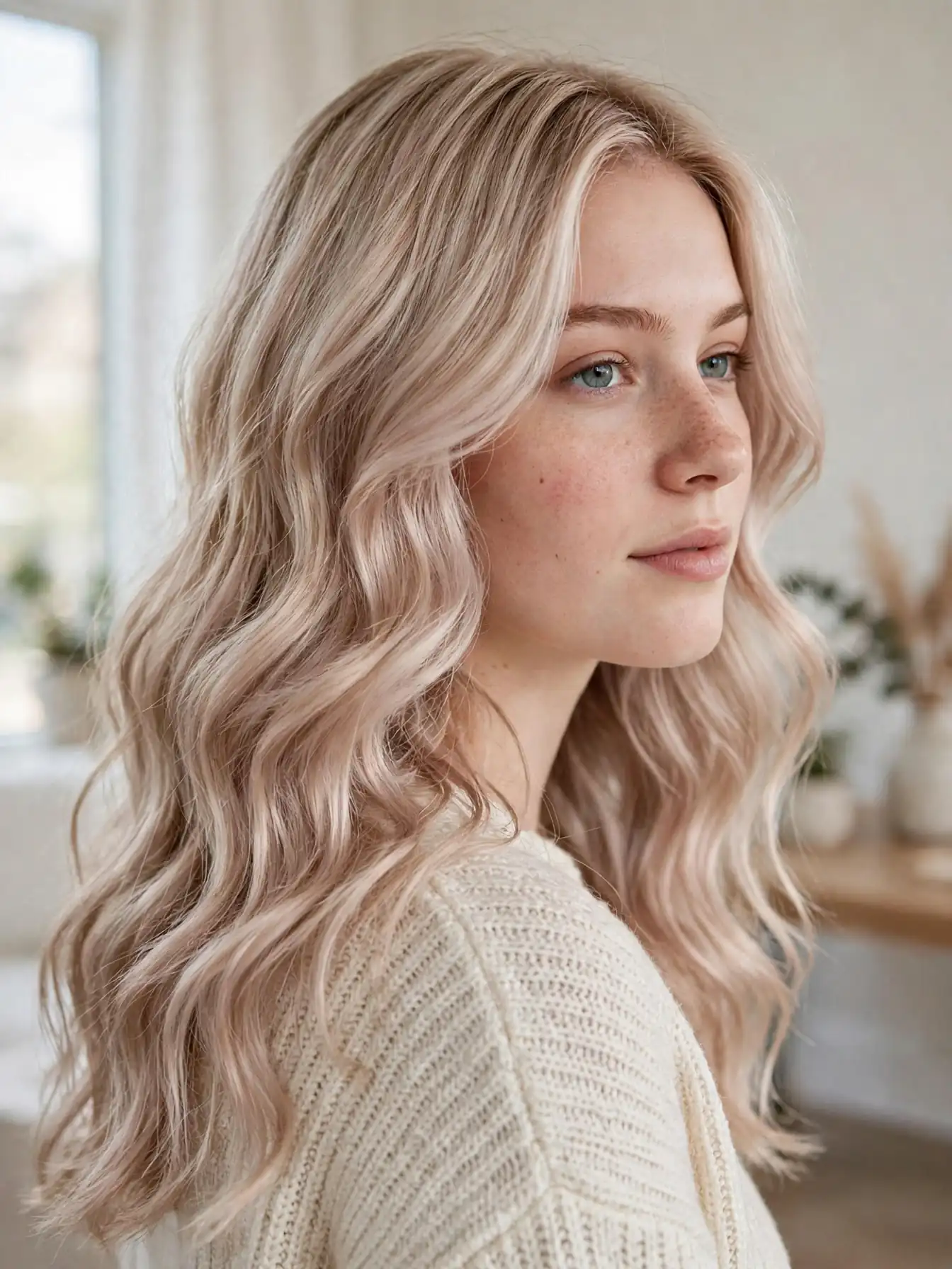 Champagne frost blonde waves with a soft pink-beige cast on a woman