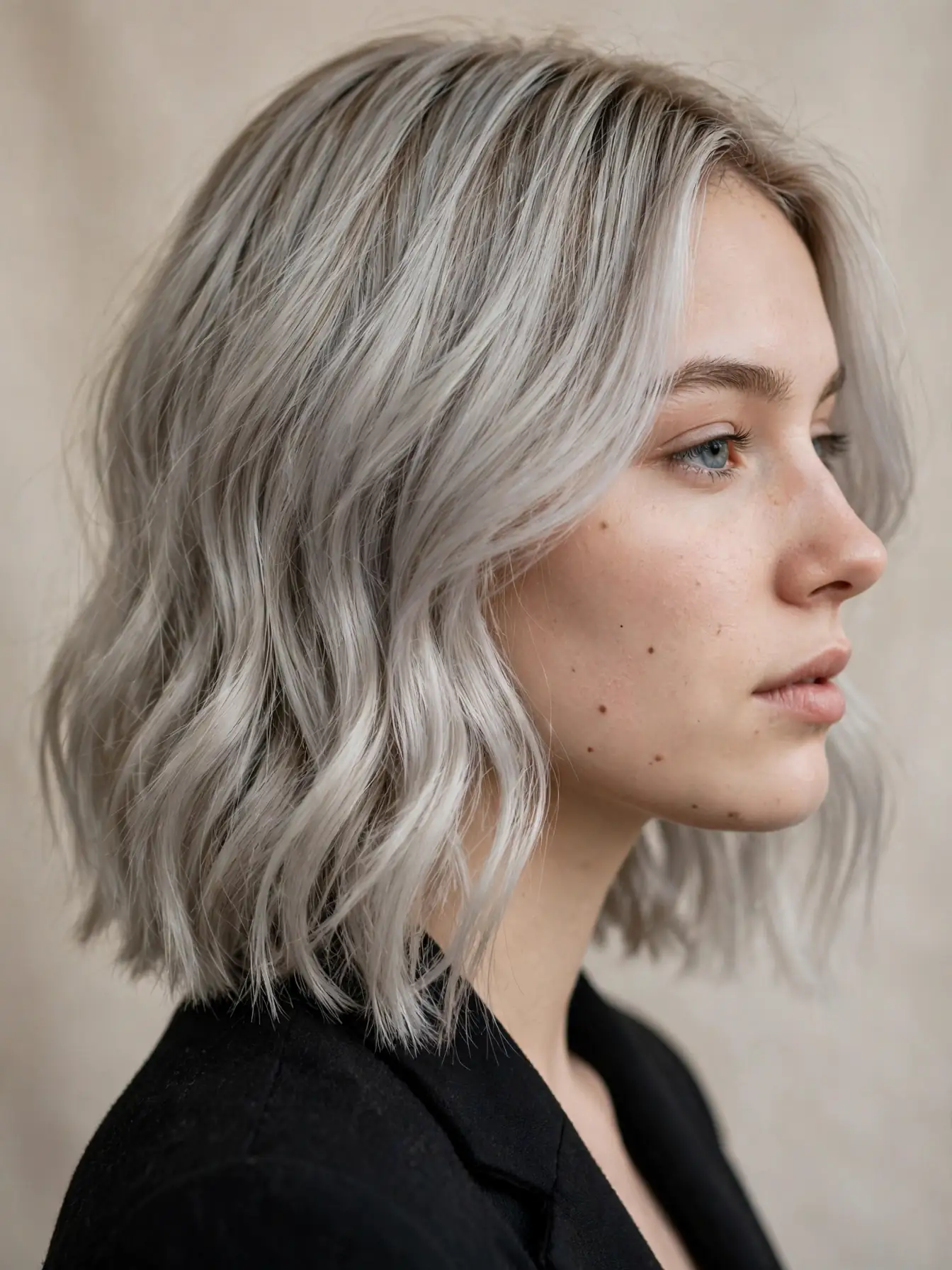 Silver ash blonde hair with a matte cool finish on a woman