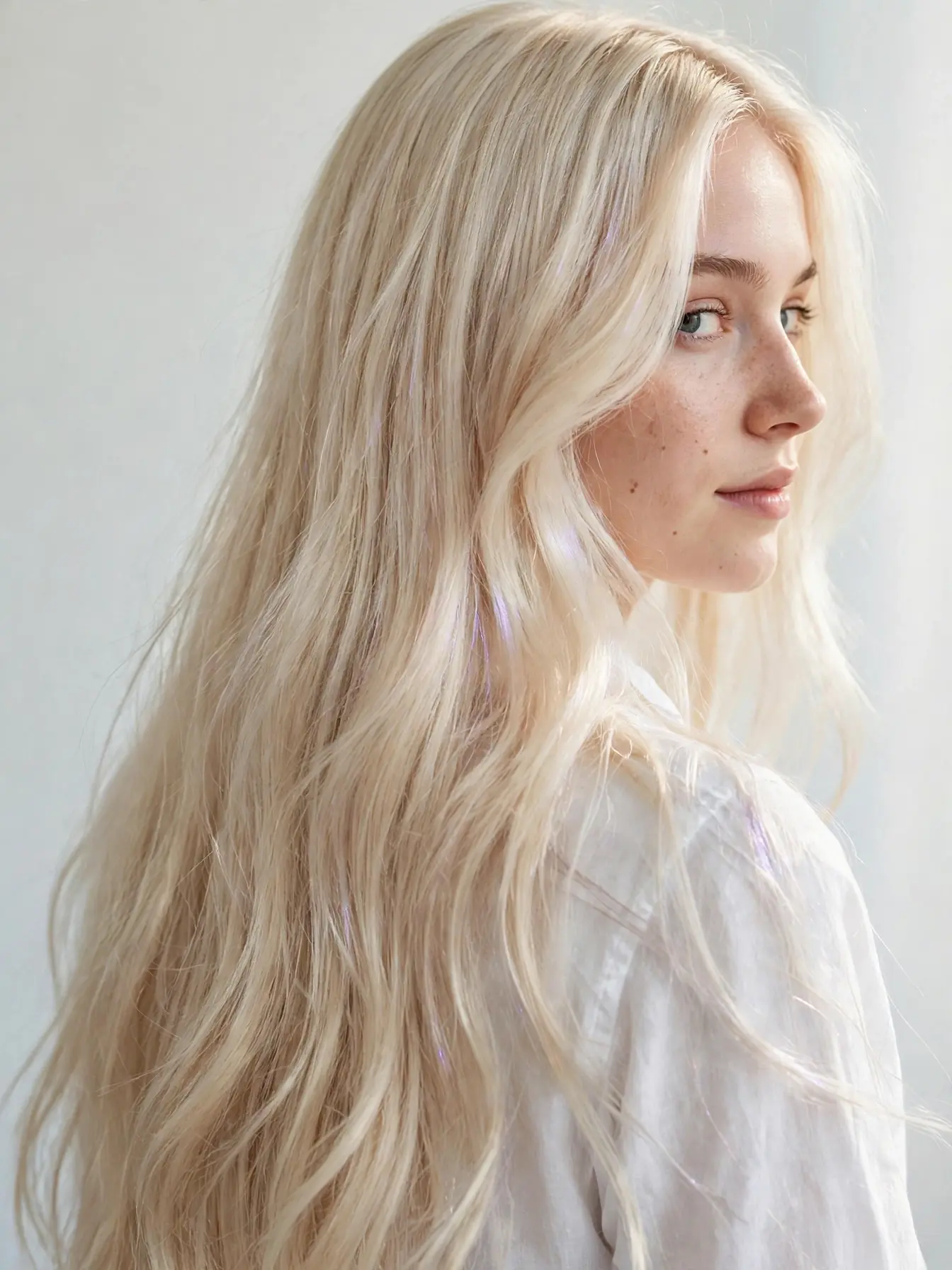 Pearl blonde long hair with iridescent violet reflect on a woman