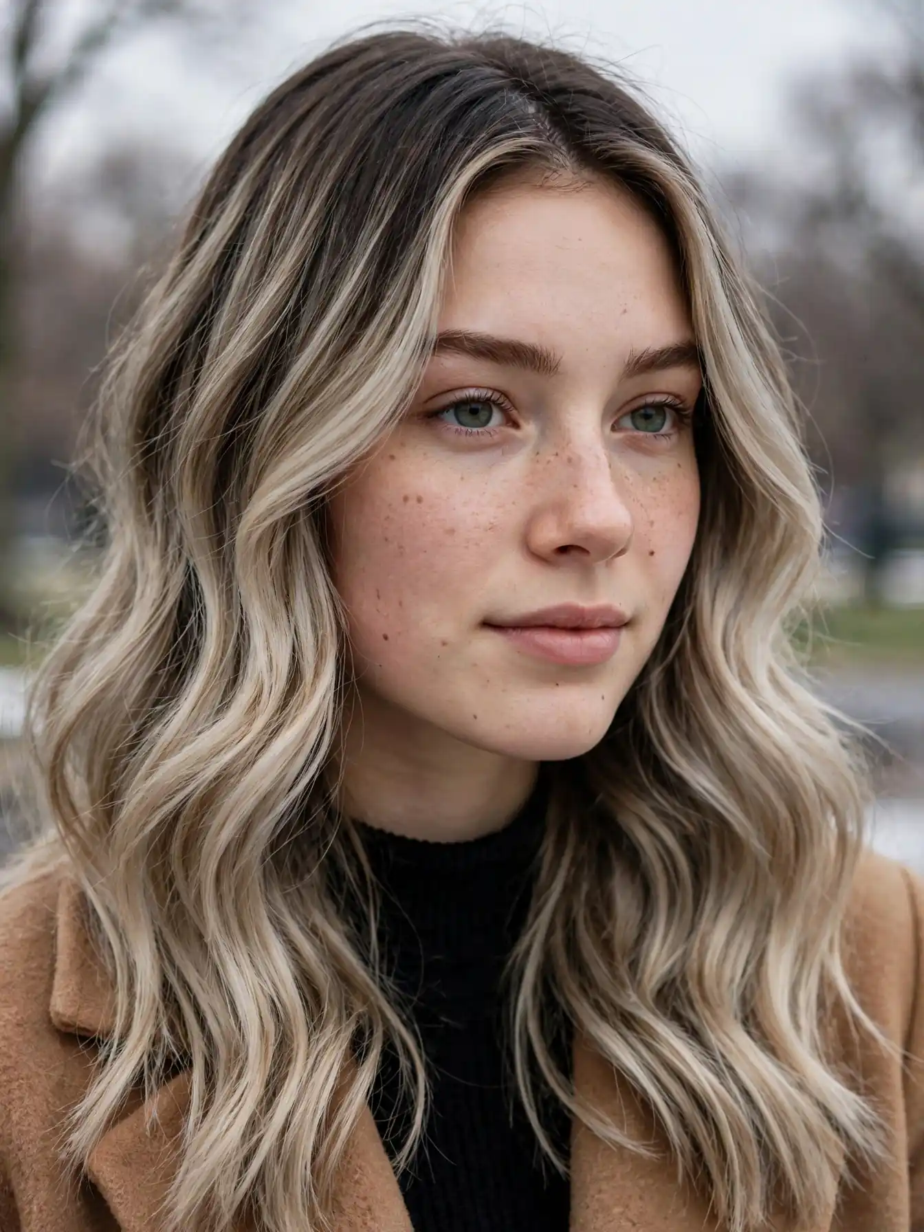 Frosted beige blonde balayage with shadowed roots on a woman