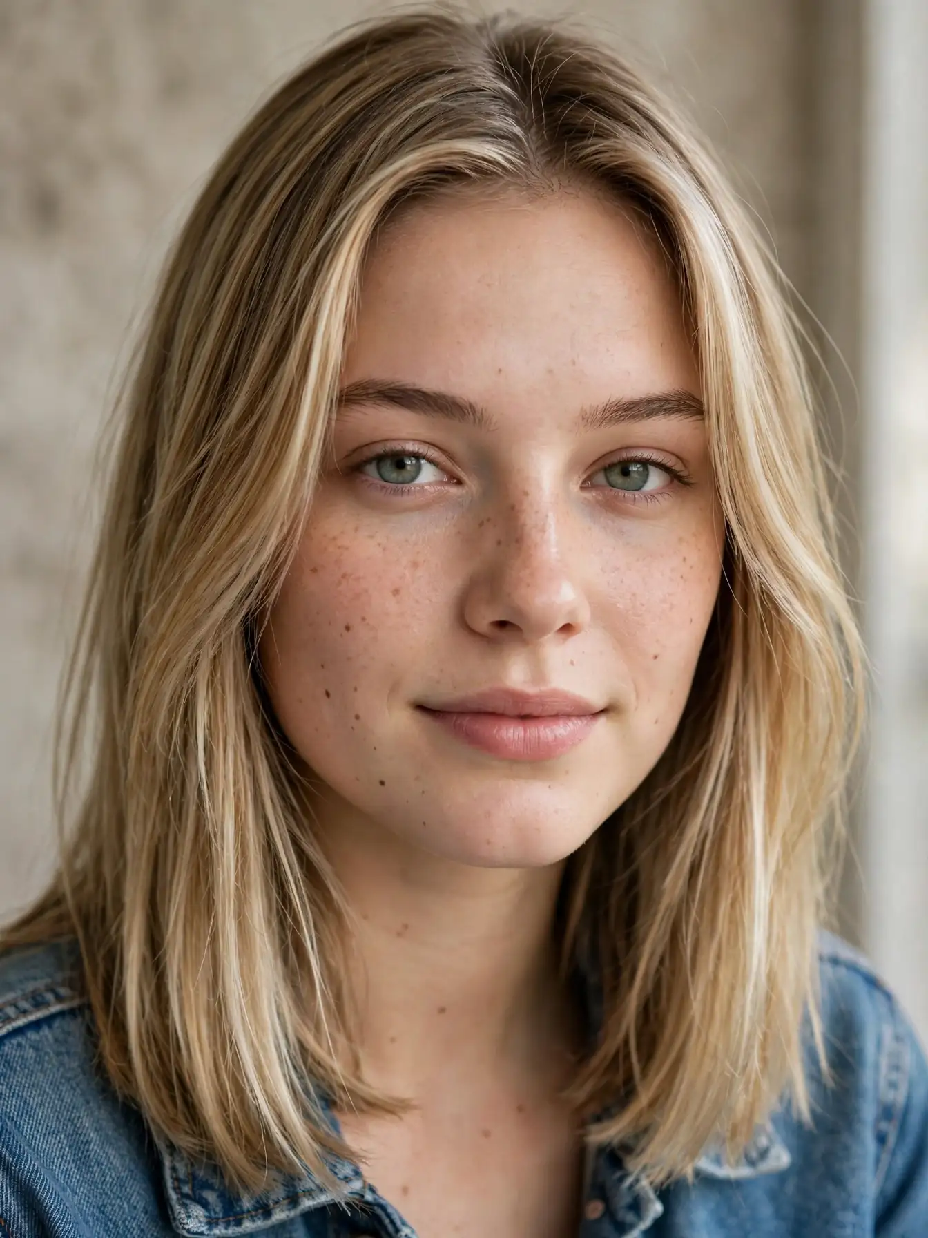 Winter wheat neutral blonde hair, soft and natural on a woman