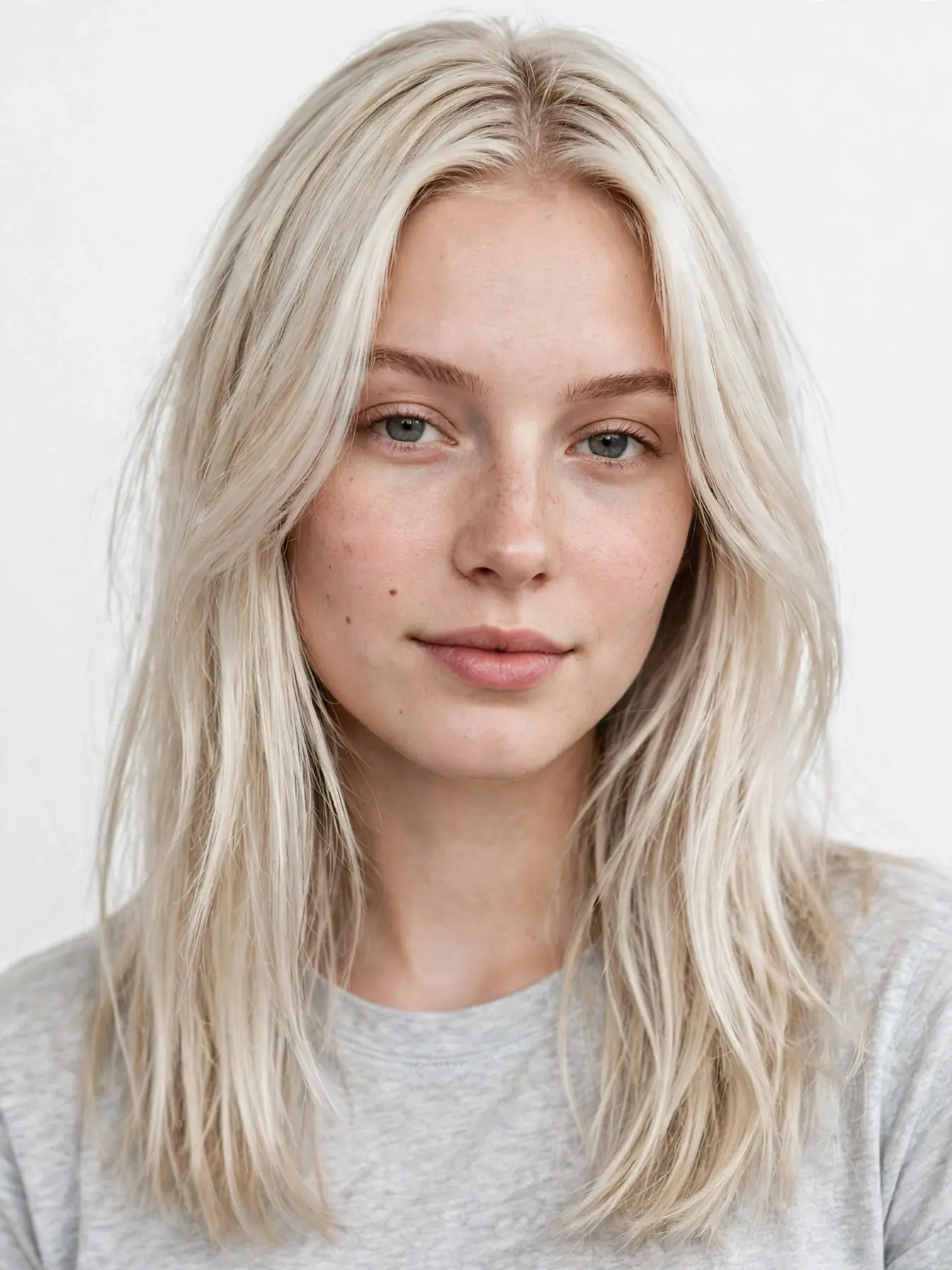 Vanilla ice blonde hair, creamy pale with cool base on a woman