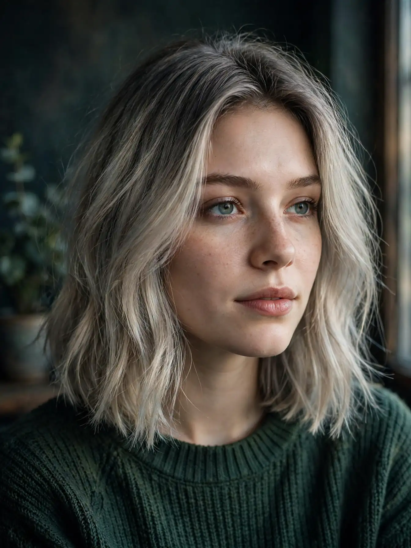 Smoked ash blonde hair with smoky gray depth on a woman