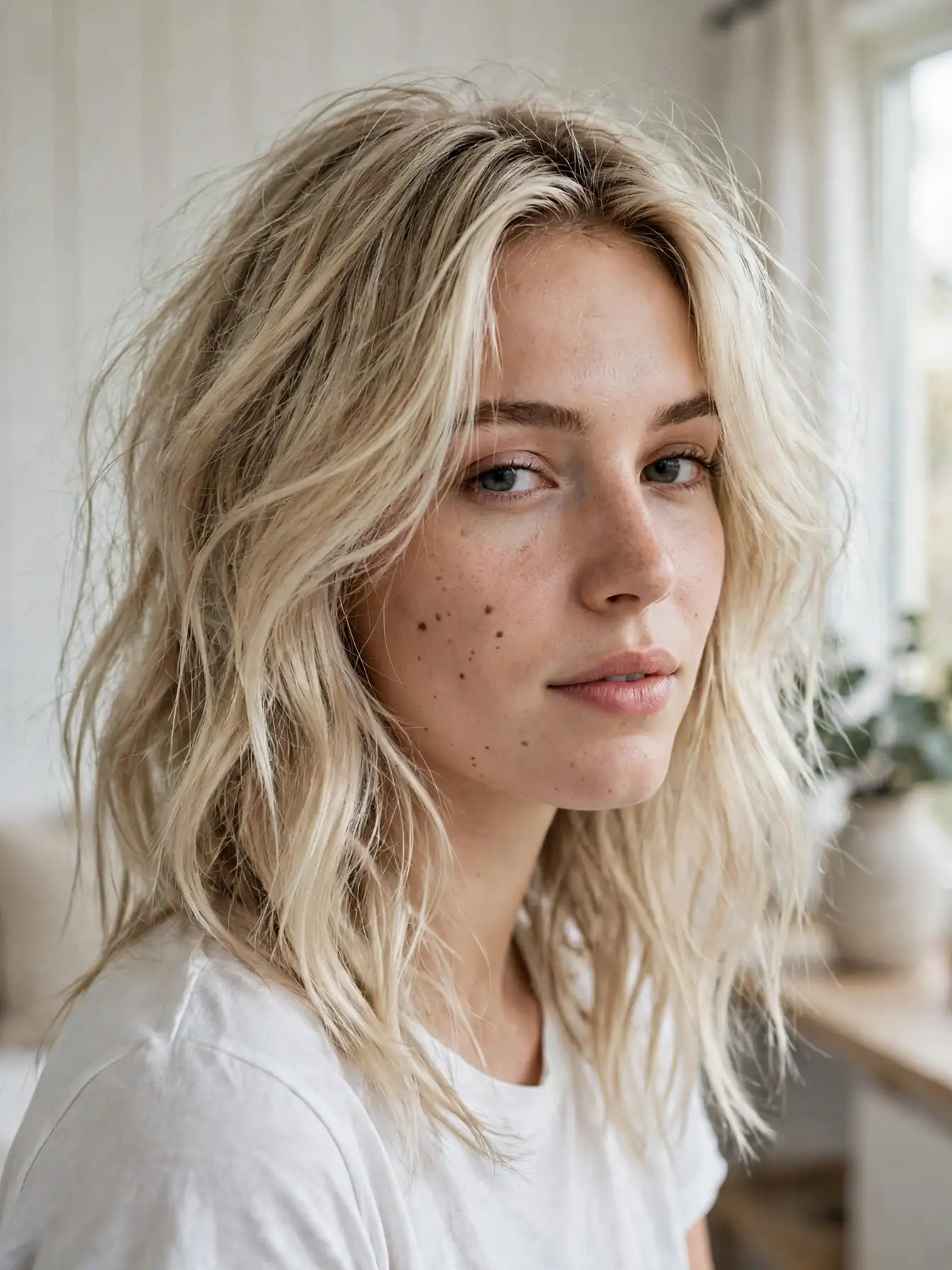 Cool linen blonde hair, soft natural cool tone on a woman