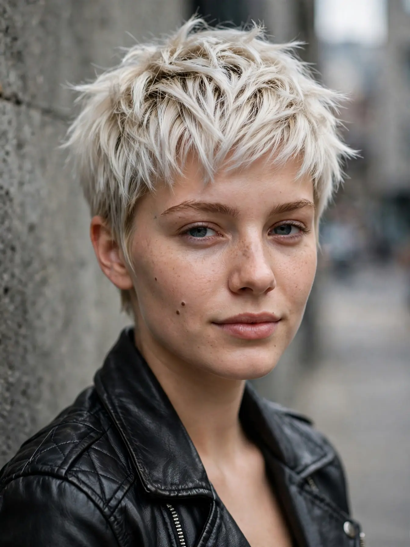 Frosted icy blonde pixie cut, textured and sharp on a woman