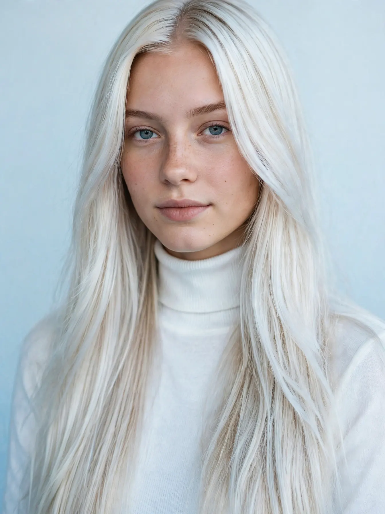 Arctic white blonde hair, near paper-white on a woman