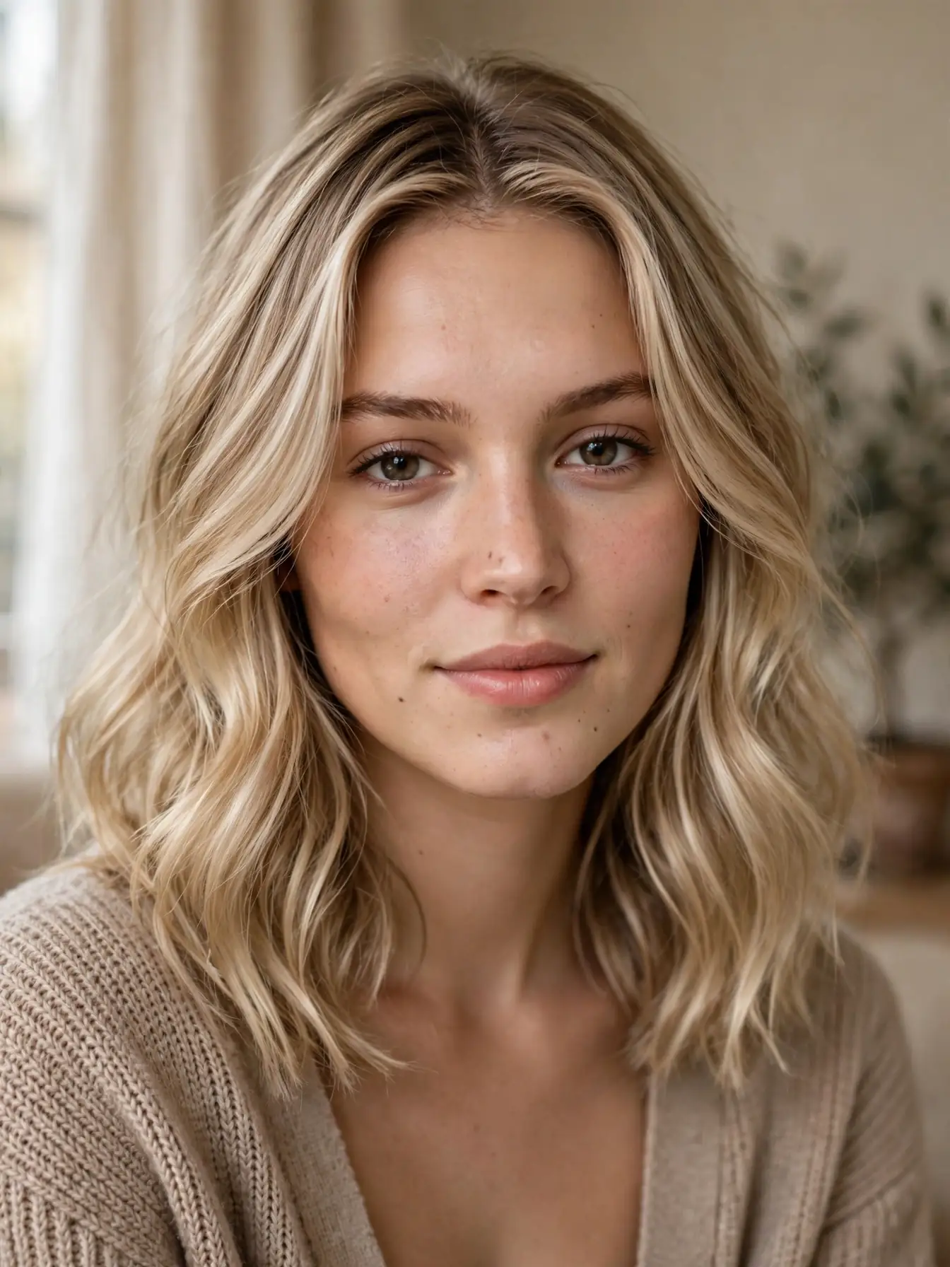 Champagne beige blonde hair, creamy and soft on a woman