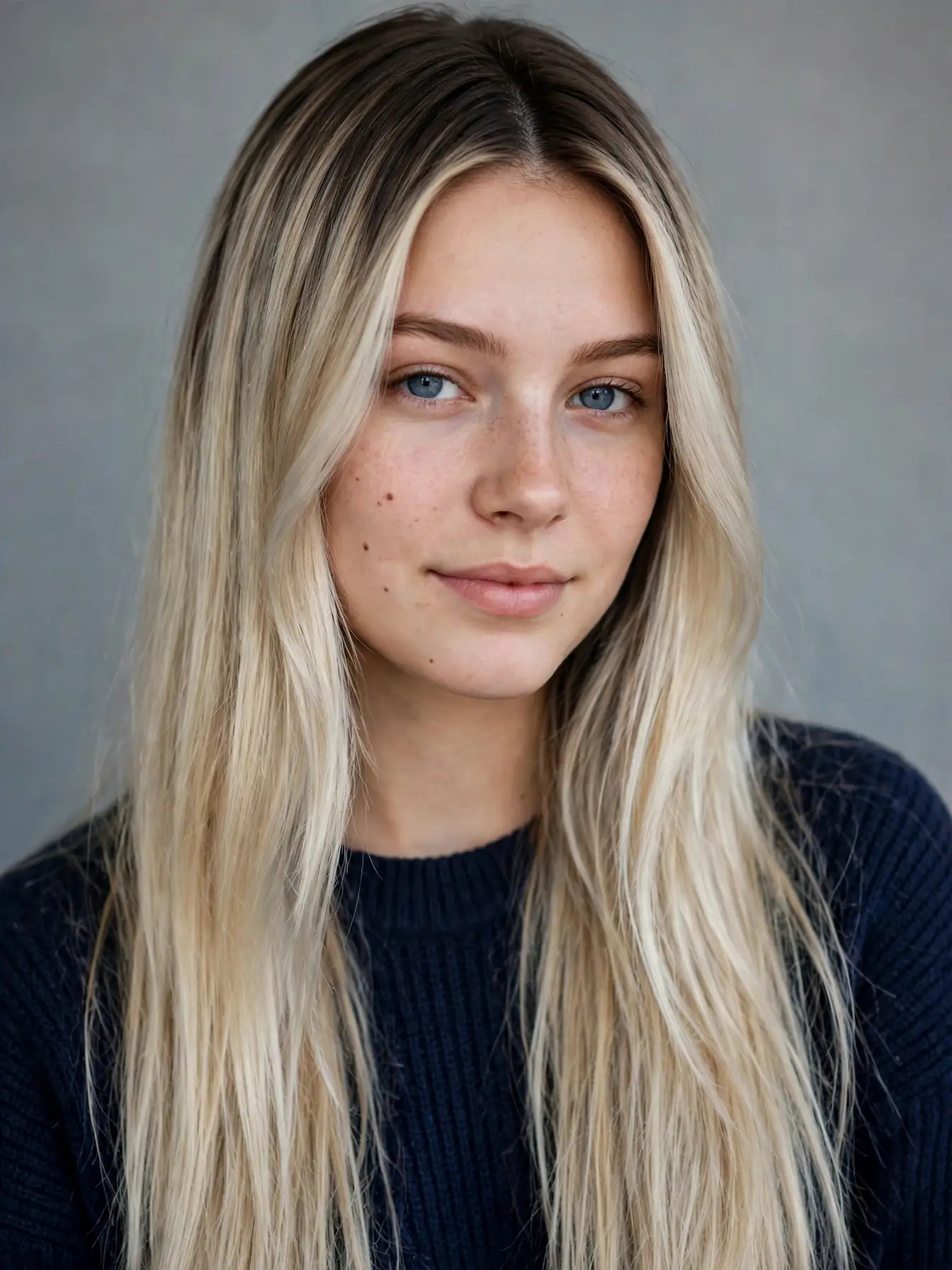 Icy blonde lengths with a shadowed root melt on a woman