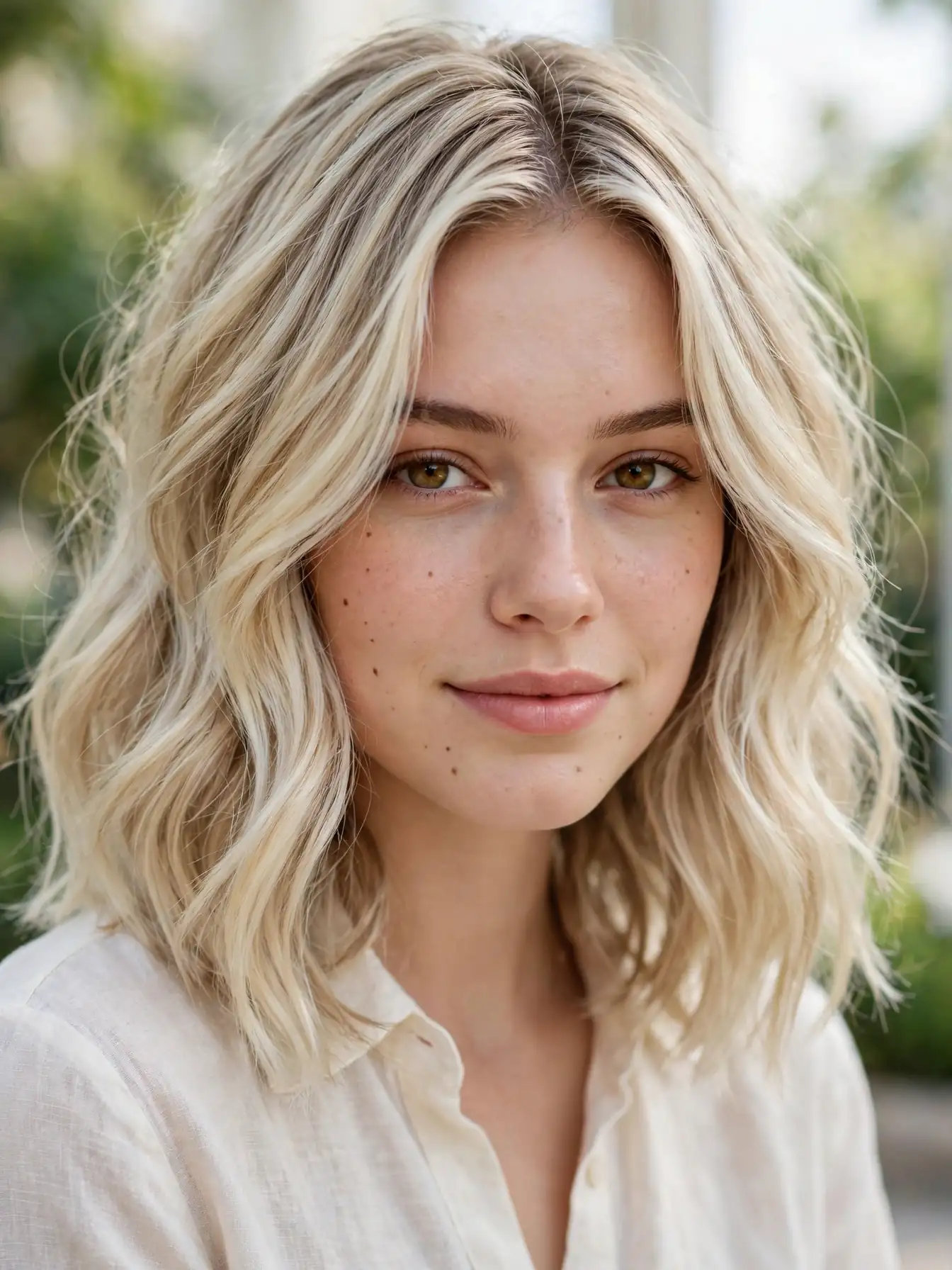 Icy butter blonde hair, pale buttery with frosty finish on a woman
