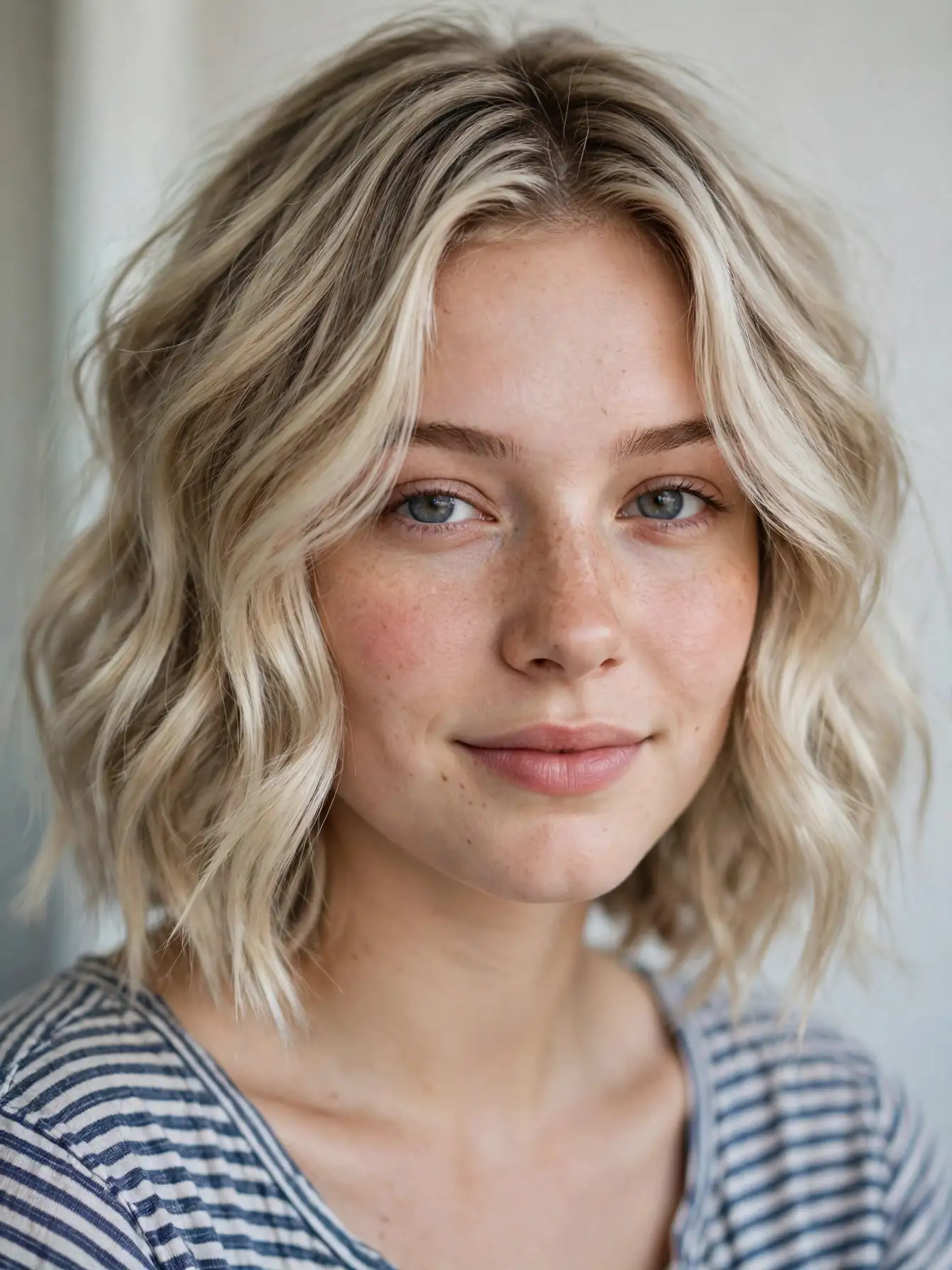 Snowy blonde lob haircut with soft dimension on a woman