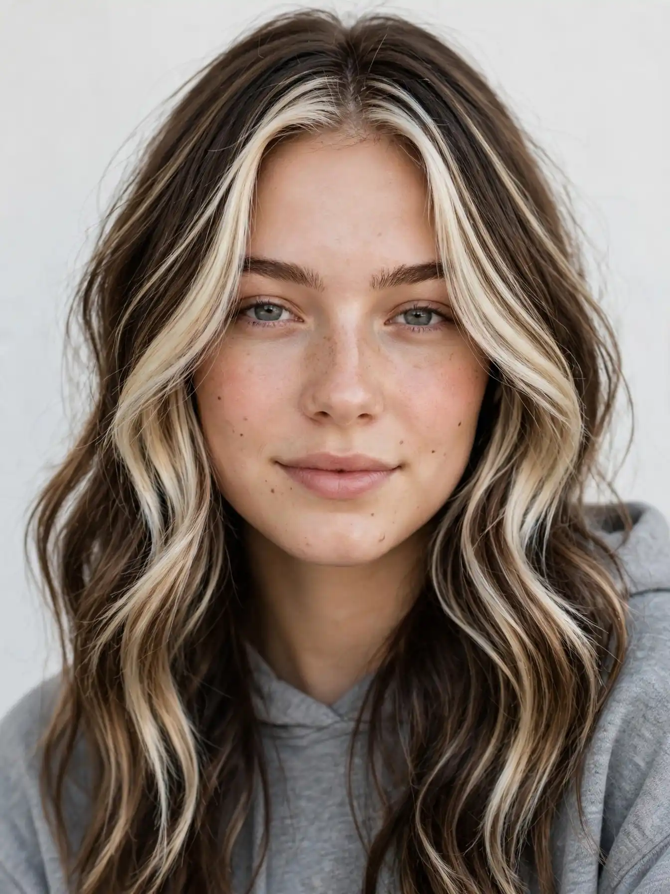 Frosted blonde face-framing highlights on deeper base on a woman