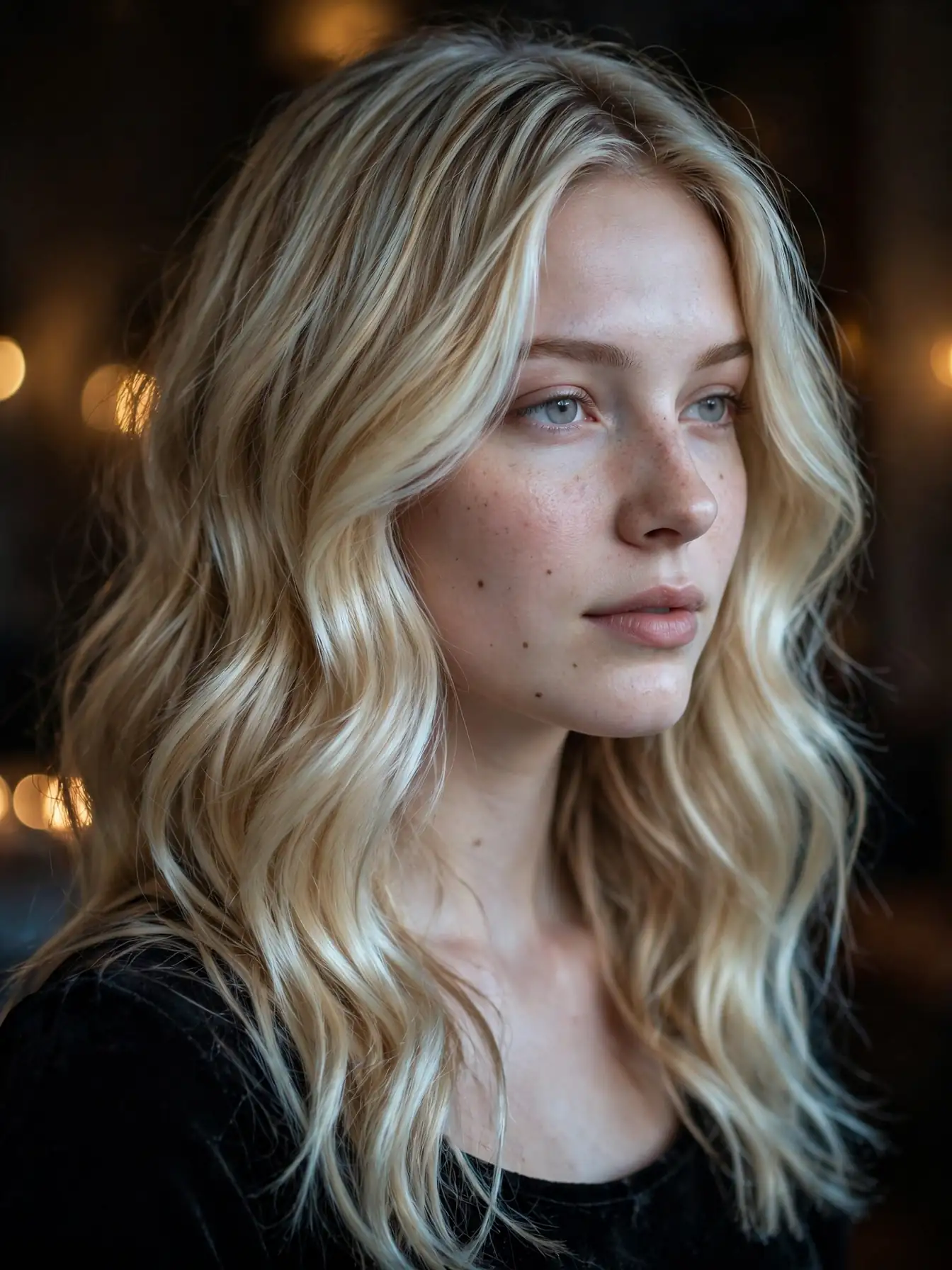 Gilded frost blonde hair with a whisper of gold on a woman