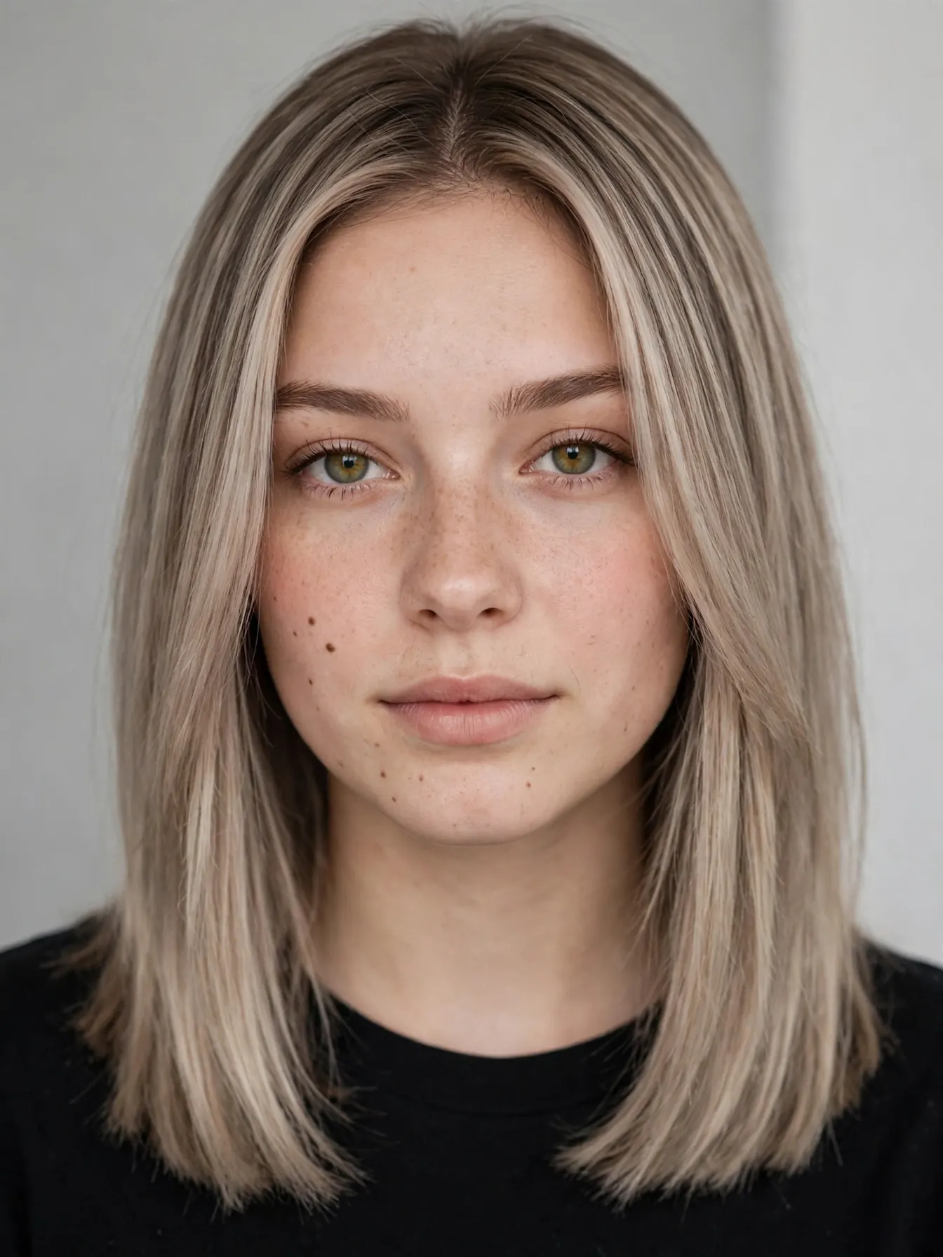 Mushroom beige blonde hair, muted taupe cool tone on a woman