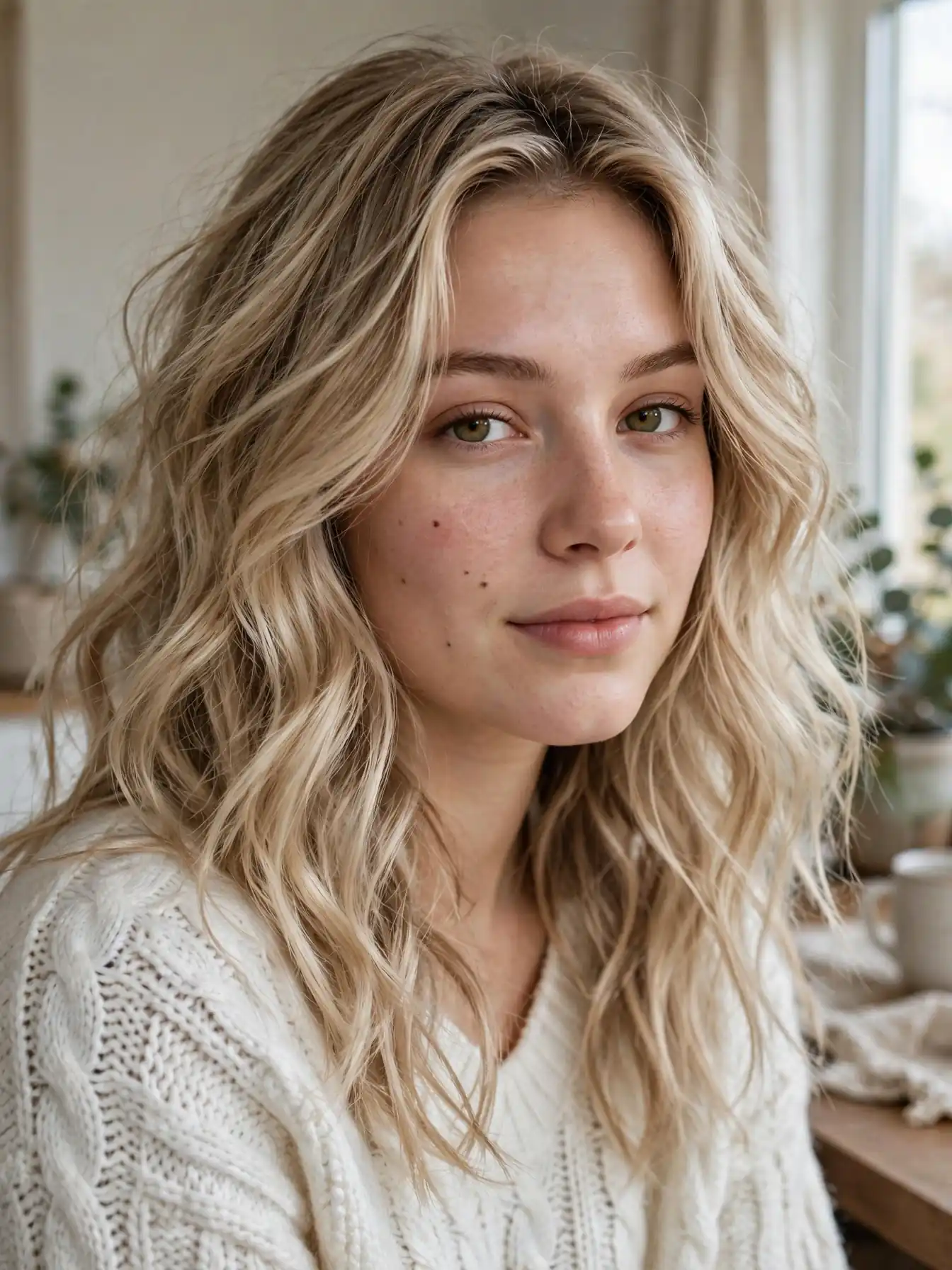 Winter sand blonde wavy hair, cooled sandy tone on a woman