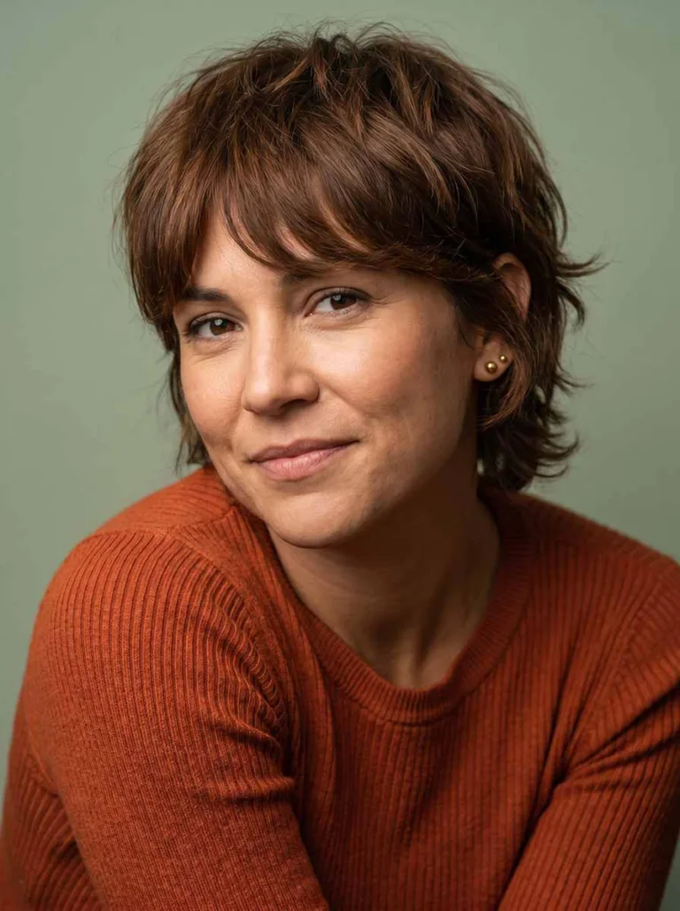 Woman with shaggy bixie haircut and curtain bangs — bixie haircut ideas