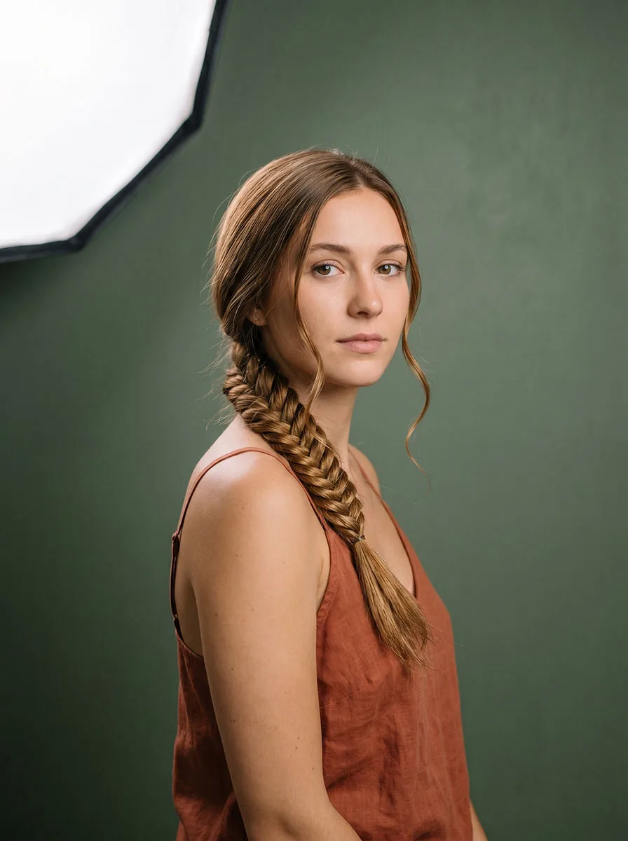 Photo-realistic featured image of a young woman with a french fishtail braid draped over her shoulder, photographed at a 3/4 front angle against a deep sage green background
