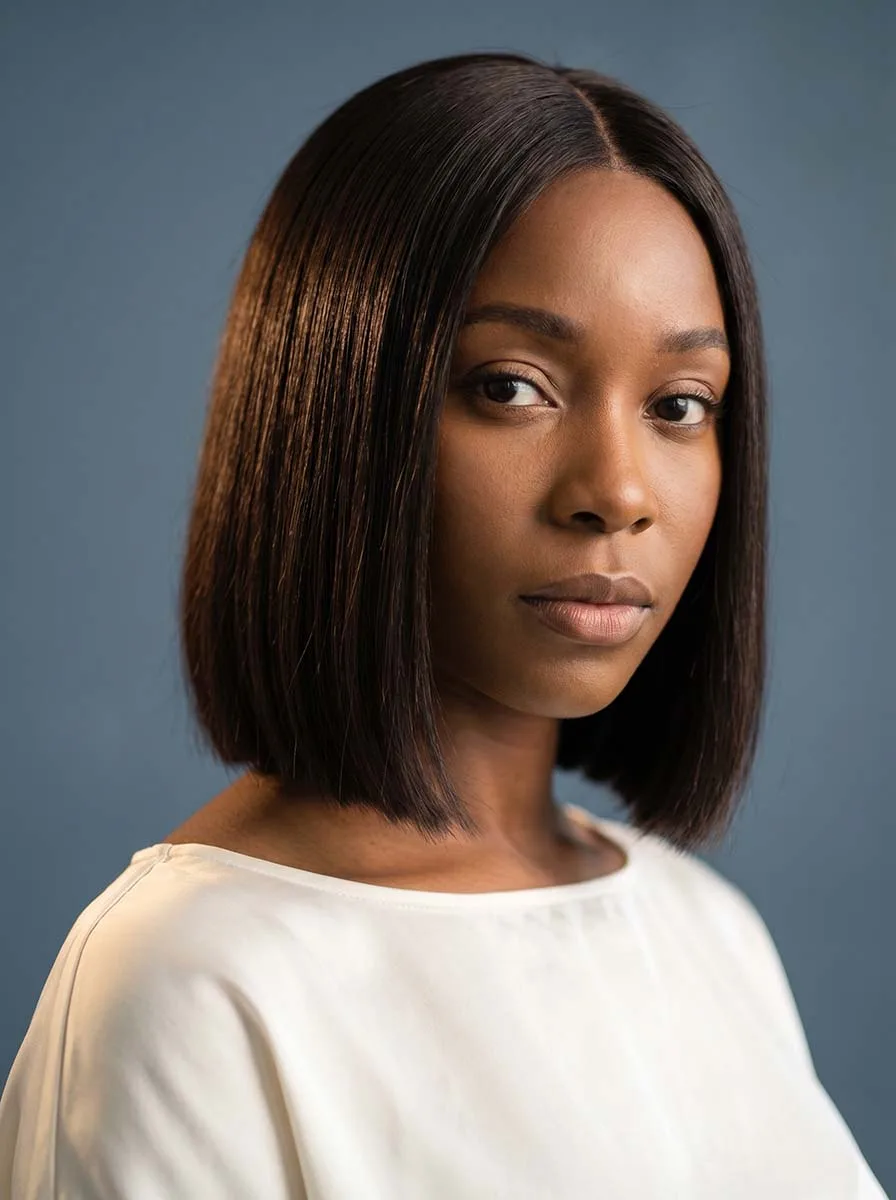glass hair bob center part on Black woman, deep espresso brown, chin length, ivory silk top, slate blue background