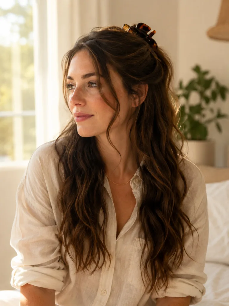 Young woman with fair freckled skin and long brunette wavy hair in a half up claw clip hairstyle secured with a large tortoiseshell clip, warm morning window light