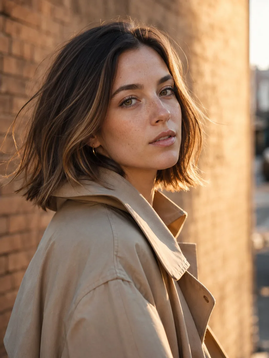 mushroom brown lob hair balayage collarbone length golden hour