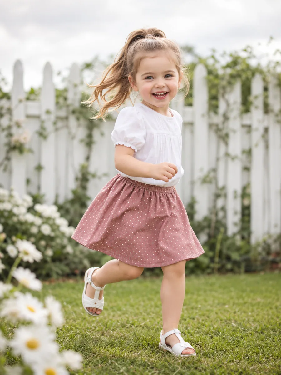 Toddler hairstyles for long hairs — fair-skinned toddler girl with high ponytail running in backyard garden
