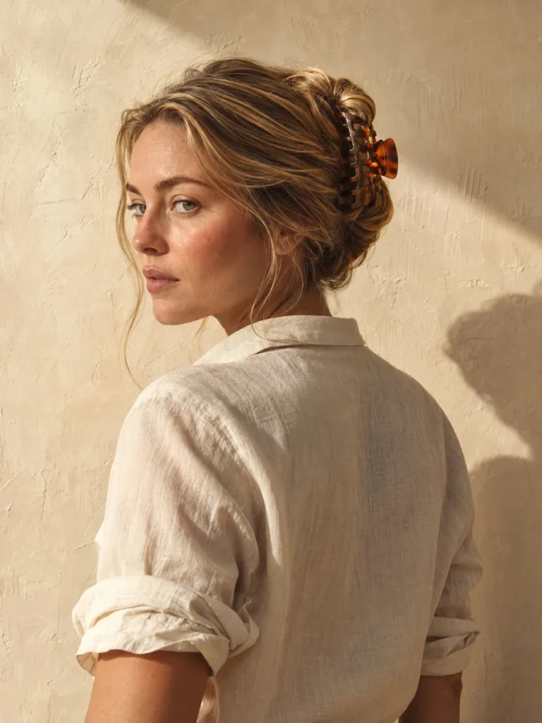 Fair-skinned woman with warm honey-blonde hair in a low French twist secured with a large tortoiseshell claw clip, three-quarter back view in soft golden morning light against a textured cream plaster wall