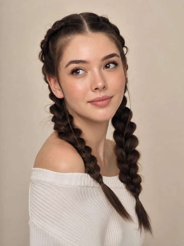 Woman with fair skin wearing sleek double dutch pigtail hairs framing her face in a three-quarter portrait