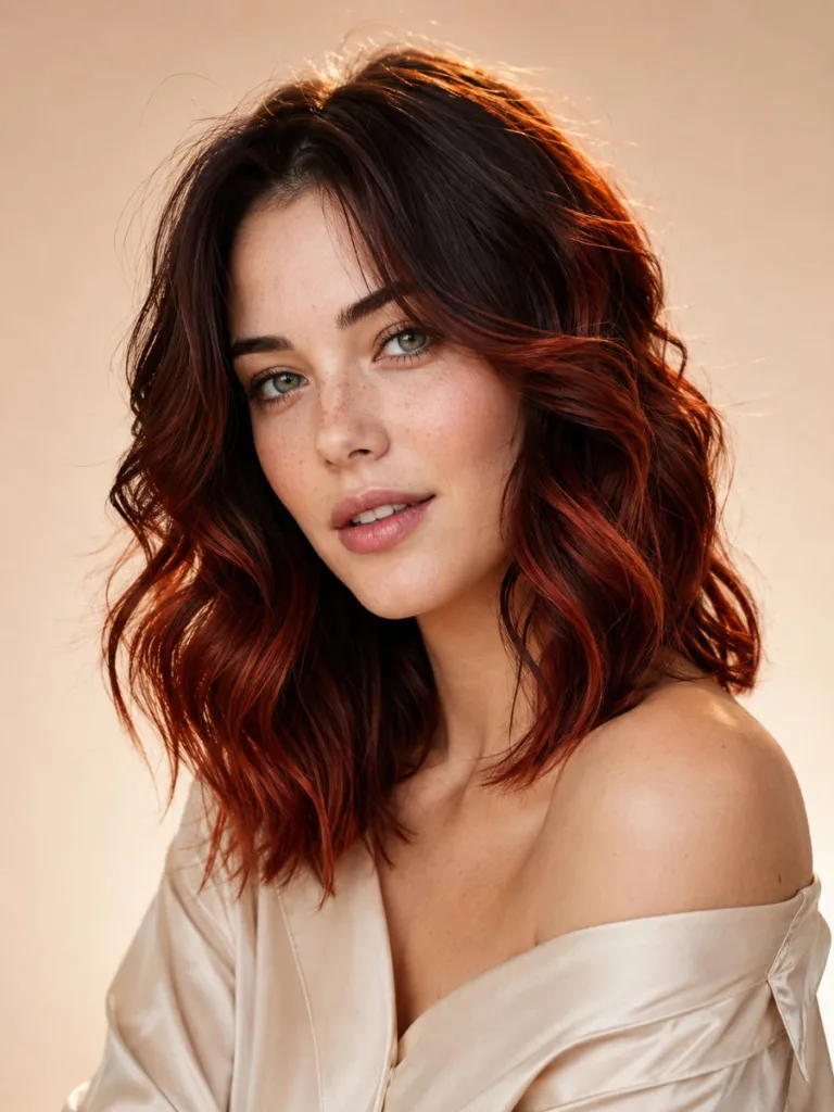 Woman with warm copper-red balayage highlights on dark brown hair styled in loose waves, shot against a cream studio backdrop